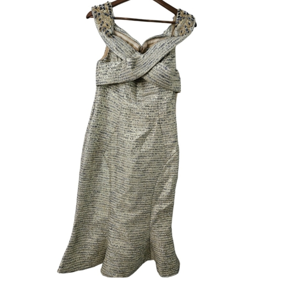 parker 108 Dresses & Skirts - Parker 108 Gold & Navy midi V Neck dress with embellishments sz 6